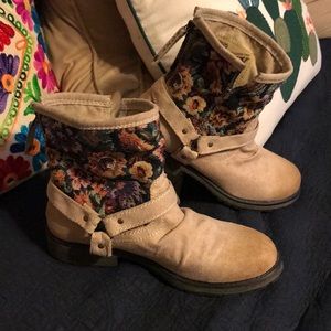 Rosy tapestry and faux suede harness booties